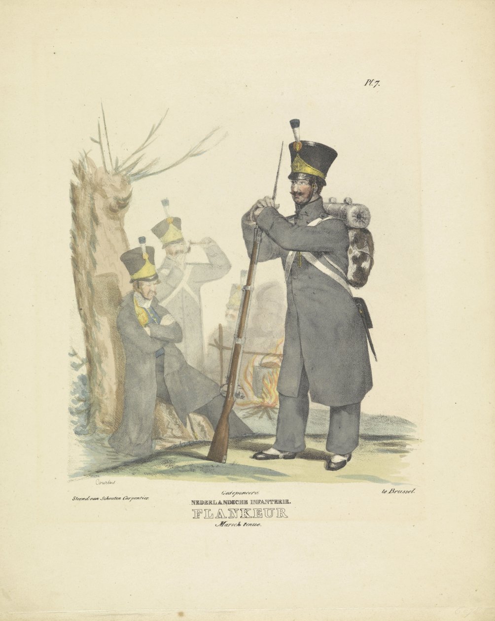 فلانكور في ثوب السير ، 1820-1825 المشاة الهولندية. زي Flankeur Marsch (العنوان على الكائن) الأزياء العسكرية لمملكة هولندا. إهداء لسعادة ويليم فان بيلاندت (عنوان المسلسل على الكائن) بواسطة كورتوا