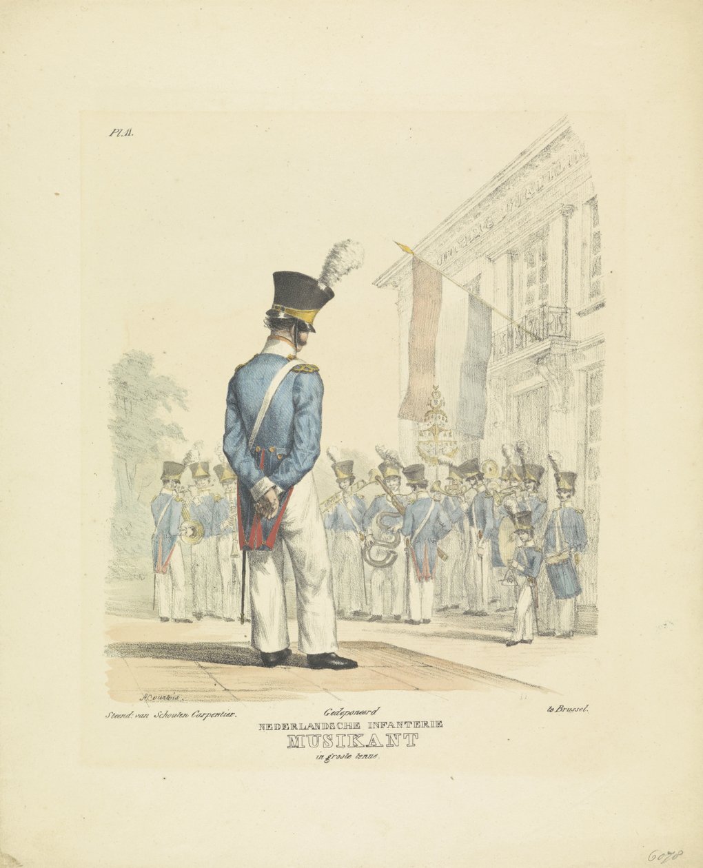 موسيقي بالزي الرسمي الكامل عازف بثوب كامل ، 1820-1825 مشاة هولندي موسيقي يرتدي زيًا رائعًا (العنوان على القطعة) الأزياء العسكرية لمملكة هولندا. مكرس لسعادة ويليم فان بيلاندت (عنوان المسلسل على obj بواسطة كورتوا
