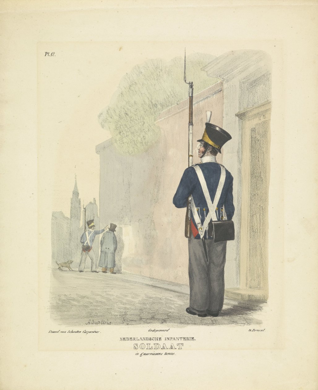 جندي في ثوب الحامية ، 1820-1825 المشاة الهولندية. جندي في زي Guarnis (العنوان على الكائن) الأزياء العسكرية لمملكة هولندا. إهداء لسعادة ويليم فان بيلاندت (عنوان المسلسل على الكائن) بواسطة كورتوا