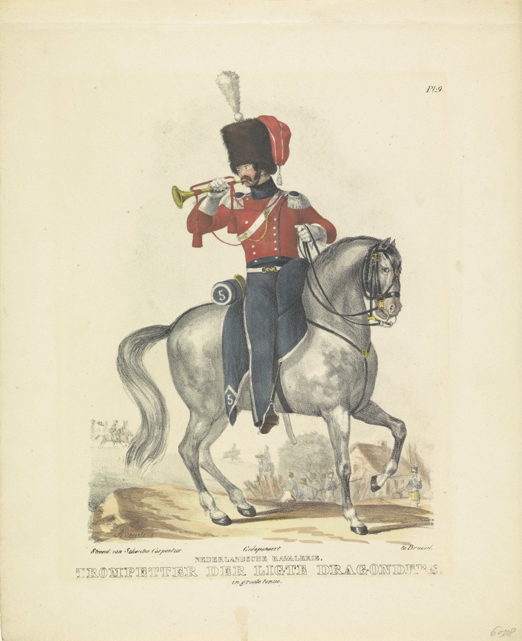 عازف البوق بالزي الرسمي الكامل عازف البوق في لباس كامل ، 1820-1825 سلاح الفرسان الهولندي. عازف البوق من Ligte Dragoons. يرتدي زيًا رائعًا (العنوان على الكائن) الأزياء العسكرية لمملكة هولندا. مكرس لسعادة ويليم فان ب بواسطة كورتوا