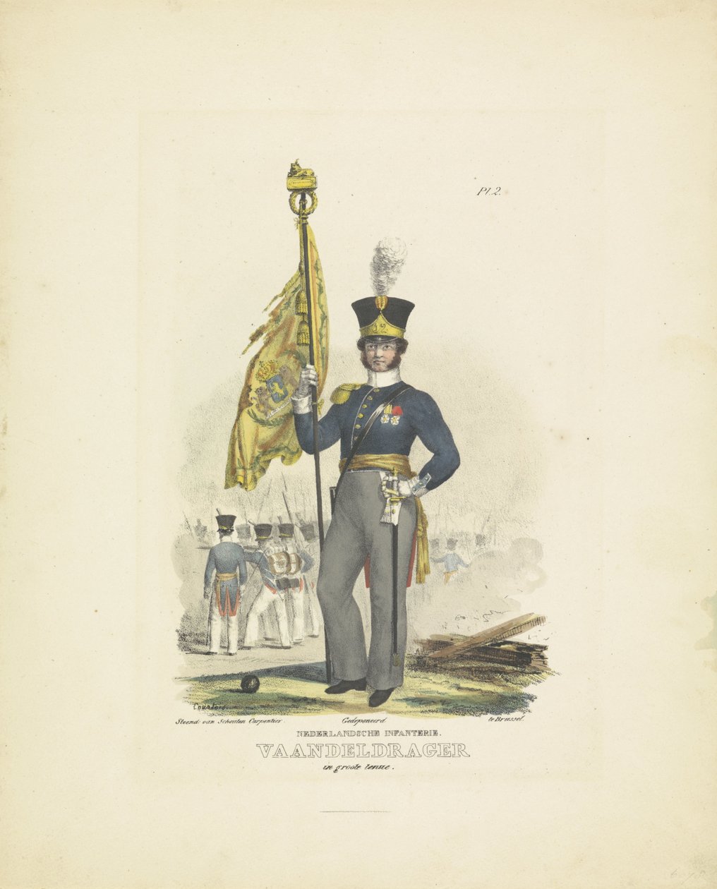 حامل العلم في ثوب كامل ، 1820-1825 المشاة الهولندية. حامل العلم في زي كبير (العنوان على الكائن) الأزياء العسكرية لمملكة هولندا. إهداء لسعادة ويليم فان بيلاندت (عنوان المسلسل على الكائن) بواسطة كورتوا
