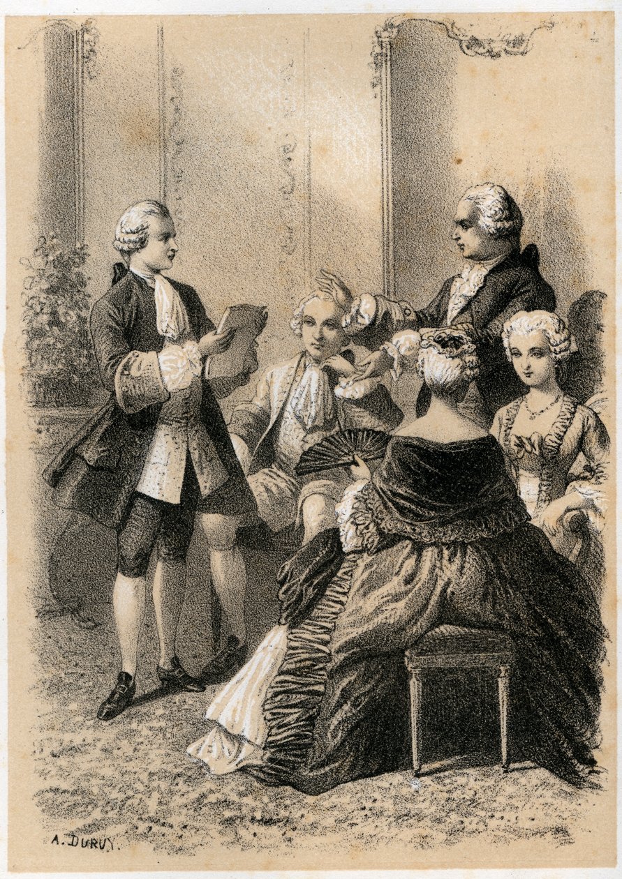 Antoine-Marin Lemierre يقرأ Hypermnestra إلى Jean-Baptiste Vivien de Chateaubrun ، رسم توضيحي من "الرسوم التوضيحية litteraires de la France ، أو معرض قصص مؤلفينا الرئيسيين رسمهم أفعالهم وكتاباتهم" بواسطة JB Maigrot بواسطة A. Duruy