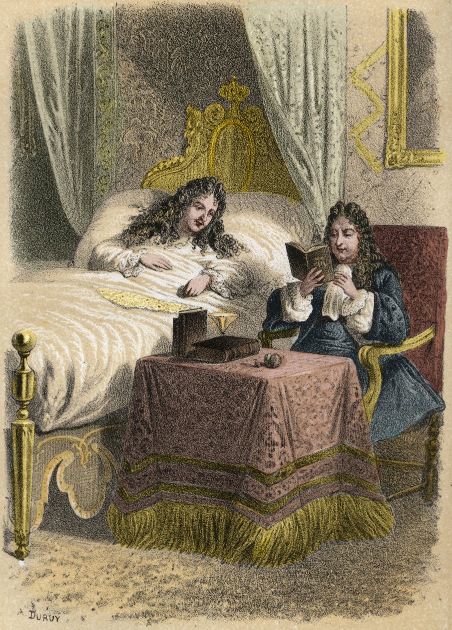 أحب لويس الرابع عشر ملك فرنسا أن يسمع جان راسين وهو يقرأ ويجلبه عندما كان مريضًا. نقش أ. دروي في "" الرسوم التوضيحية الأدبية لفرنسا ؛ معرض ذهبي وقصصي لكتابنا الرئيسيين المهتمين بأفعالهم ونقوشهم " بواسطة A. Duruy