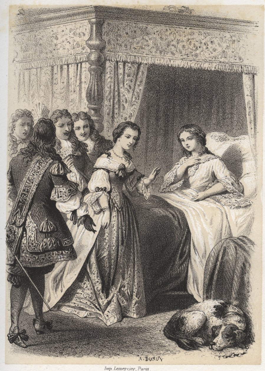 مدام ديشولييه ، أنطوانيت ليجير دي لا غارد (1637-1694) غارقة في أسئلة حاشيتها بعد ليلة قضتها في خوف من الشبح. نقش بواسطة A. Duruy في "" الرسوم التوضيحية litteraires de la France ؛ أو Galerie anecdotique de nos pr بواسطة A. Duruy
