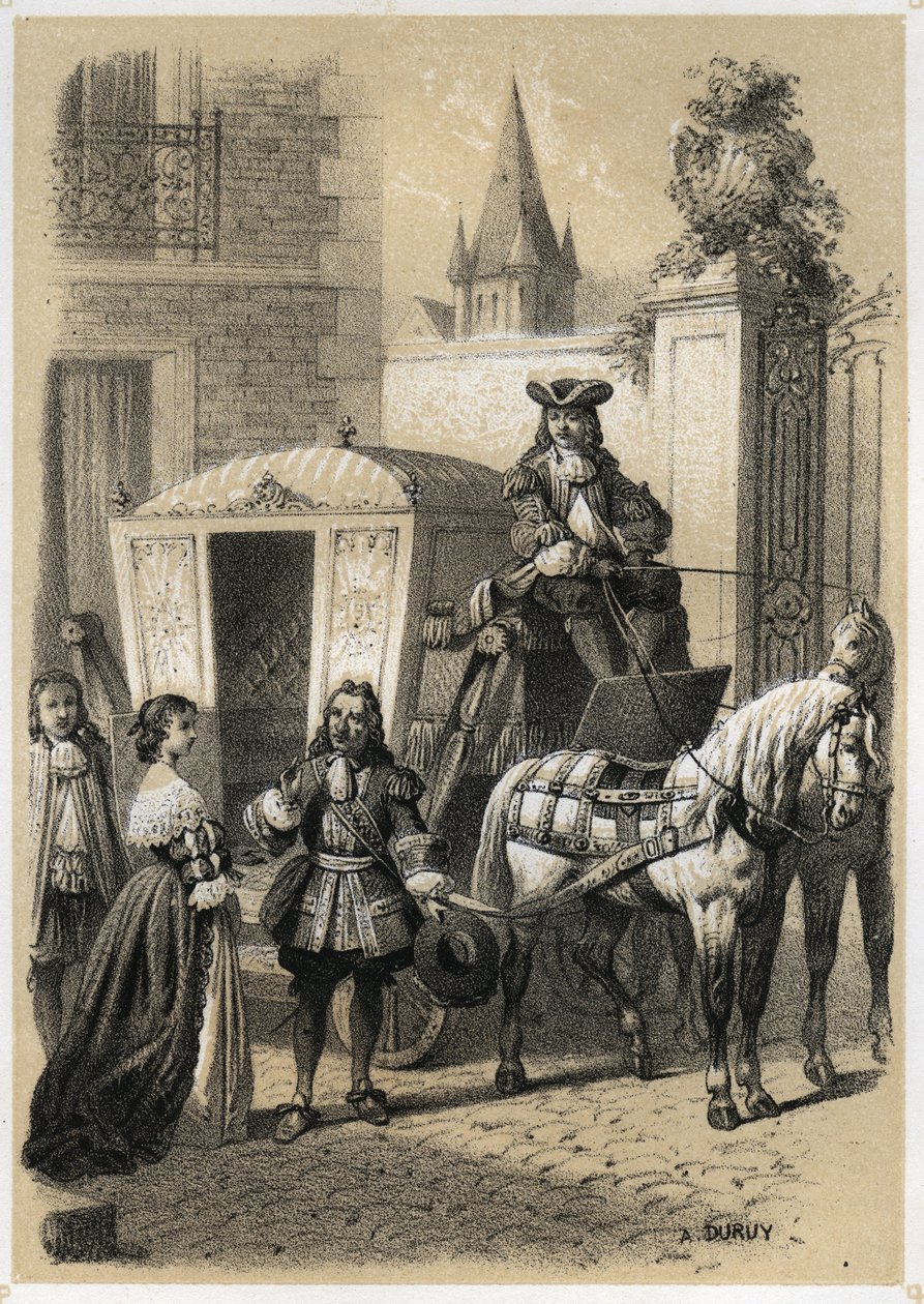 ماري دي ربوتين-شانتال (رابوتين شانتال) ، ماركيز دي سيفيني ديت مدام دي سيفيني (1626-1696) أجبر جيل ميناج (1613-1692) ، قواعد اللغة الفرنسية والكاتب على ركوب عربته. نقش بواسطة A. Duruy في "" الرسوم التوضيحية litteraires de la France ؛ أو، بواسطة A. Duruy