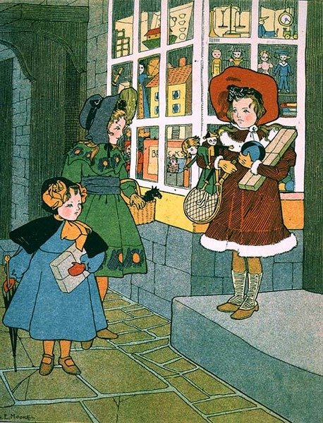 زيارة متجر الألعاب ، صفحة من كتاب مصور للأطفال بواسطة AE Moore