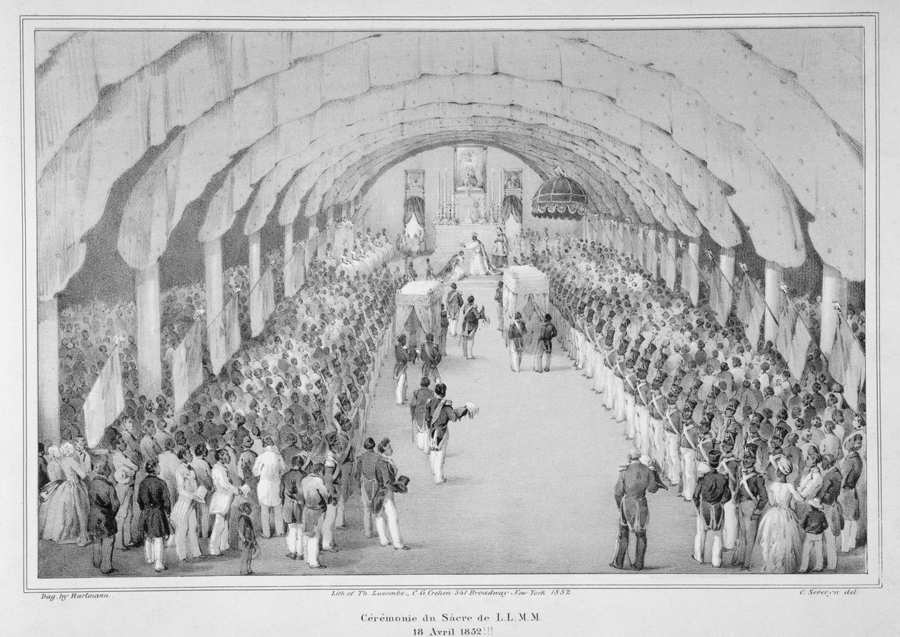 تتويج الجنرال فوستين سولوك (c.1785-1867) كإمبراطور هايتي ، 18 أبريل 1852 ، من `` ألبوم إمبريال دي هيتي &39;&39; ، منقوش بواسطة سيفرين ، نشر نيويورك ، 1852 بواسطة أ. هارتمان
