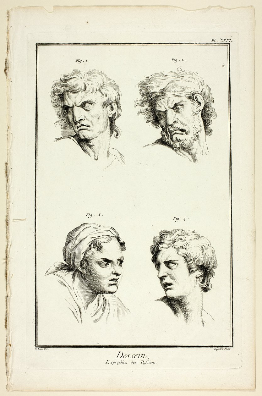 رسم: تعبيرات المشاعر (الكراهية أو الغيرة ، الغضب ، الرغبة ، الألم الجسدي) ، من Encyclopédie بواسطة AJ انشق