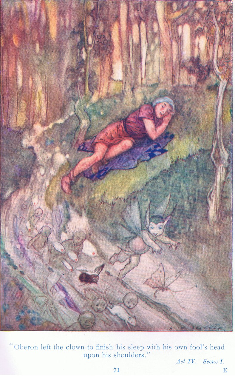 غادر أوبيرون المهرج لينهي نومه ورأسه الأحمق على كتفيه (حلم ليلة منتصف الصيف) ، من حكايات من حانة شكسبير. بواسطة Ward Lock & Co Ltd بواسطة جاكسون