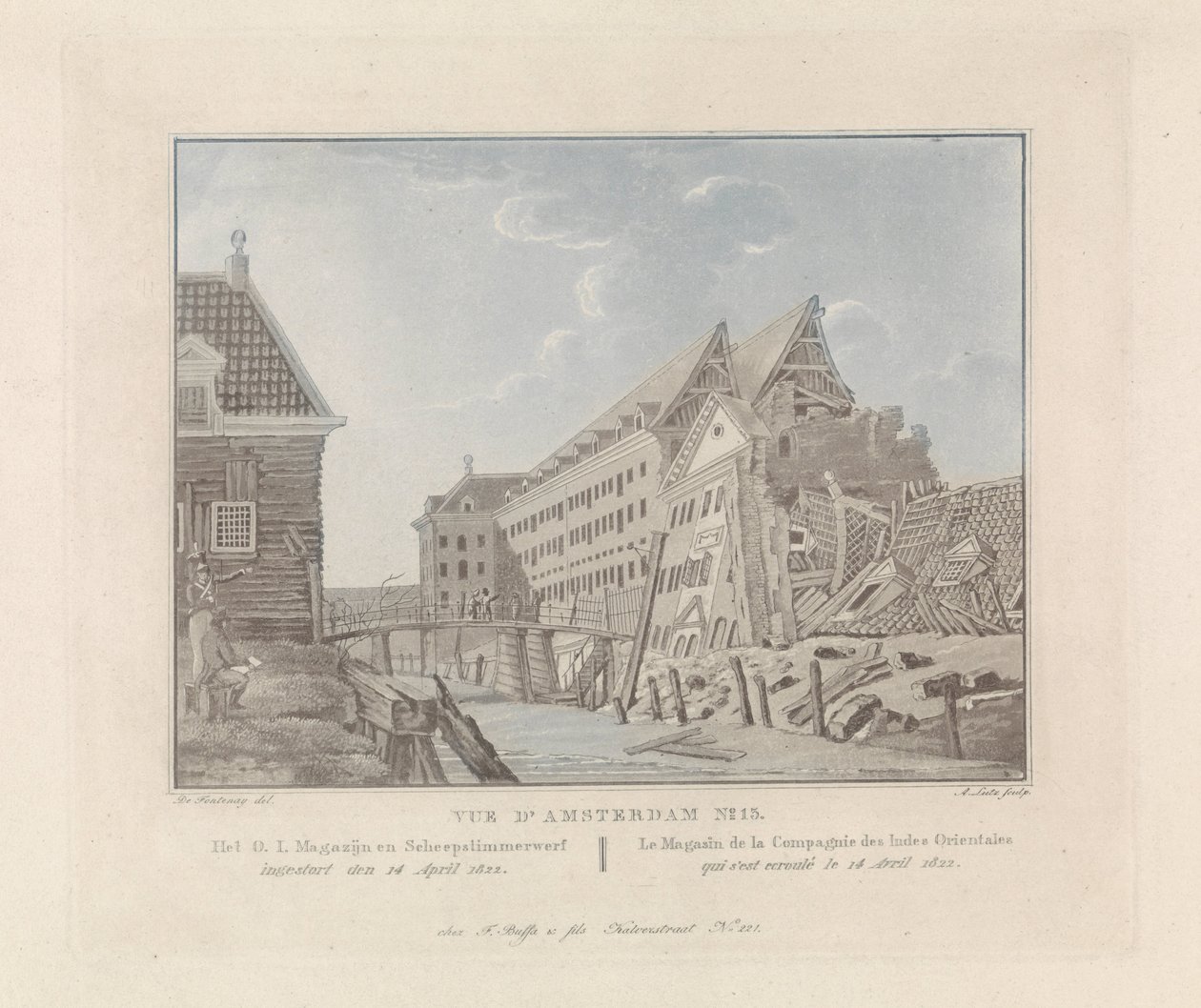 منظر ل Oost-Indisch Zeemagazijn المنهار في أمستردام ، 1822 O.I. المستودع وحوض بناء السفن / Le Magasin de la Compagnie des Indes Orientales (العنوان على الكائن) مشاهد من أمستردام (عنوان المسلسل) بواسطة أ. لوتز