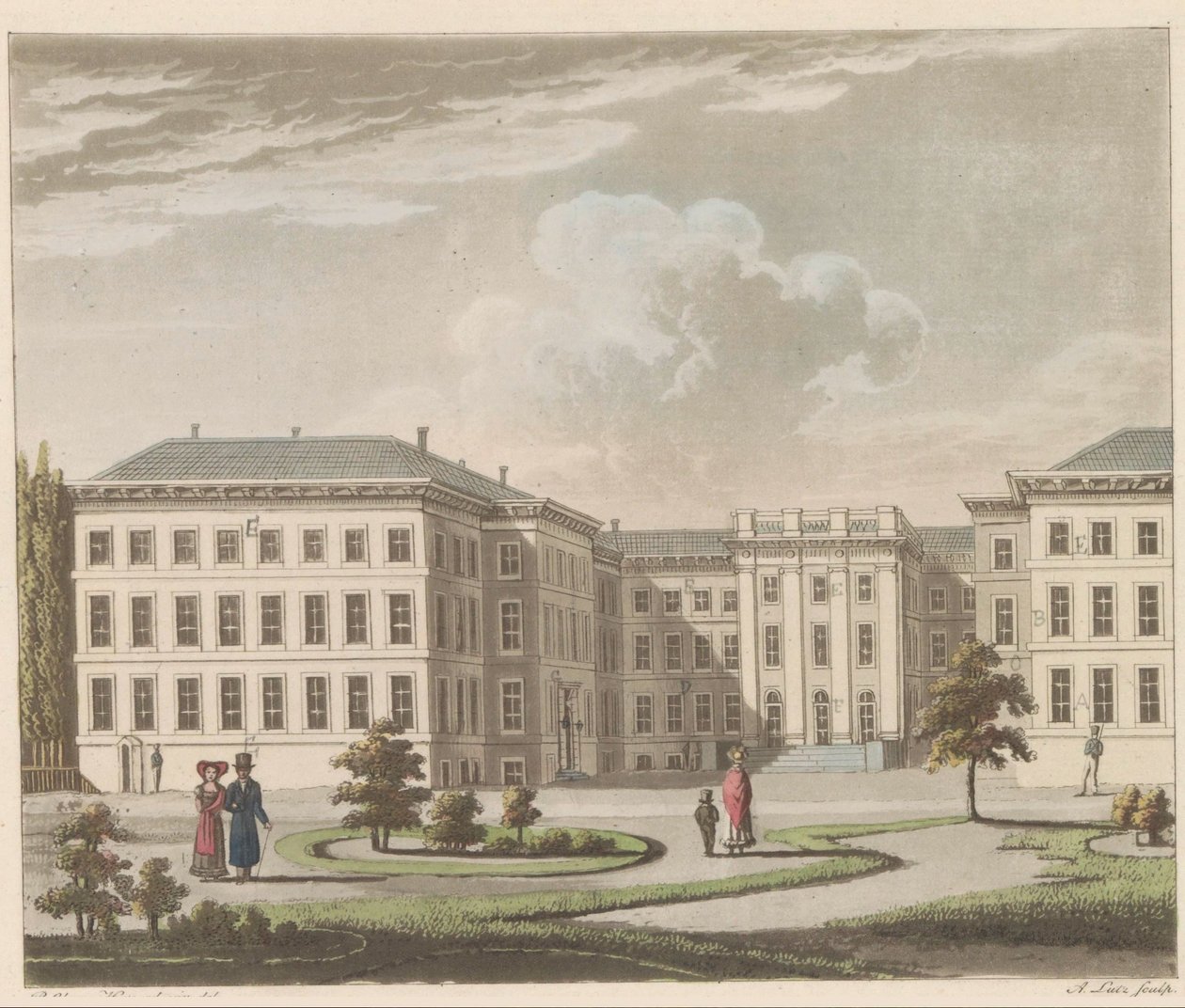 قصر نوردايندي في لاهاي ، 1810-1825 Le Palais royal à La Haye، vu du jardin / القصر الملكي في لاهاي ، يُرى من جانب الحديقة (العنوان على القطعة) بواسطة أ. لوتز