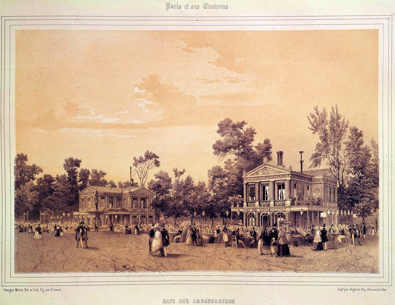 منظر لمقهى السفراء في الشانزليزيه في باريس للطباعة الحجرية لـ A. provost (نشط حوالي 1834-1855) باريس ، متحف Carnavalet بواسطة عميد