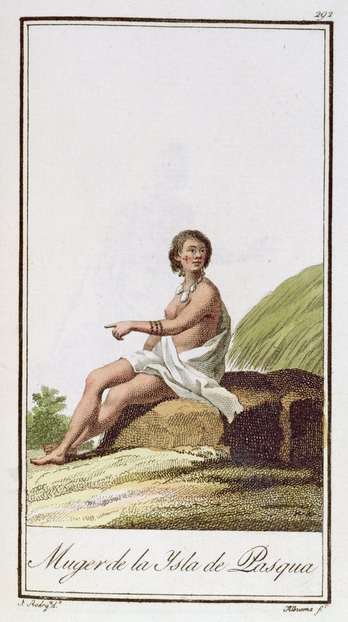 امرأة من جزيرة الفصح ، نقشها ألبورن ، 1799 بواسطة أ. رودريجيز