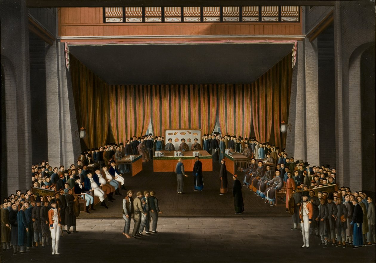 محكمة العدل الصينية في قاعة المصنع البريطاني في كانتون ، 9 أبريل 1807 ، c.1810 (زيت على ورق) بواسطة أ. رولاند نايت