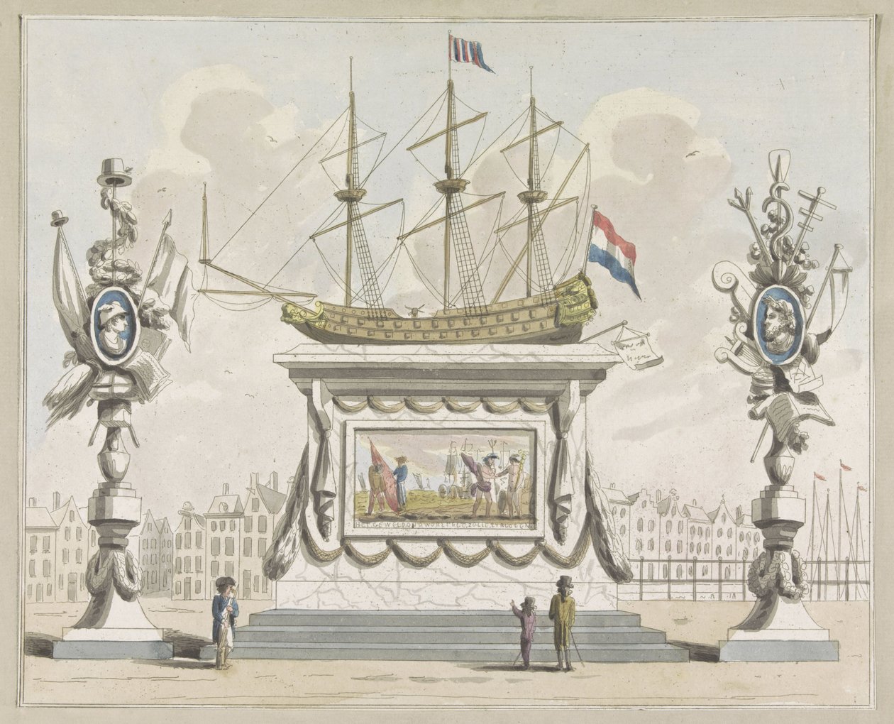 التجارة والشحن ، زخرفة على Nieuwmarkt ، 1795 عشر لوحات من الزخارف في Alliantiefeest في أمستردام في عام 1795 (عنوان السلسلة) بواسطة أ. فيركيرك