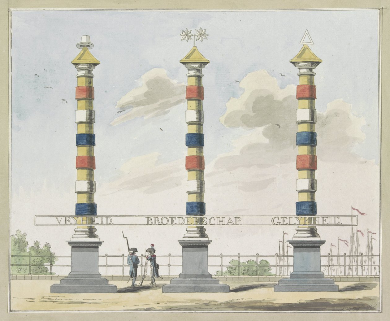 الحرية والإخوان والمساواة ، وسام الهوجسلوس ، 1795 عشر لوحات من الزخارف في Alliantiefeest في أمستردام عام 1795 بواسطة أ. فيركيرك