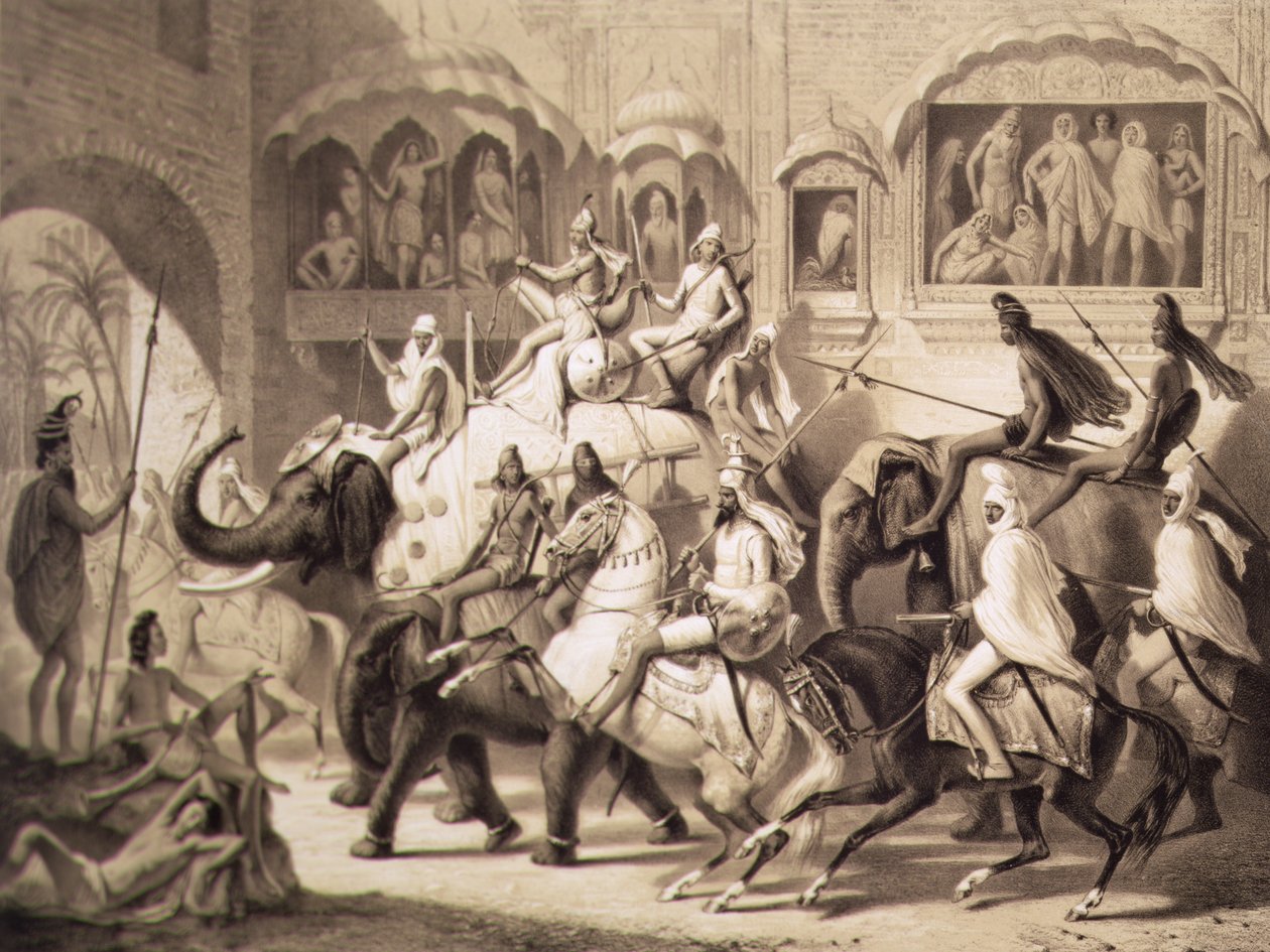 شارع في لاهور ، من رحلة في الهند ، منقوش بواسطة لويس هنري دي رودر (1807-81) 1842 (ليثو ملون) بواسطة أ بعد Soltykoff