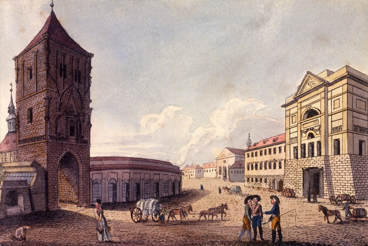 برج باودر ودار جمارك Hybern ، براغ ، c.1810 (النقش الملون) بواسطة أ وبركا ، يوهان غوستاف