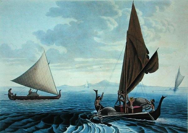 منظر لجزيرة تينيان: Dugout Canoes من جزر كارولين ، من "Voyage Autour du Monde sur les Corvettes de L'Uranie" محفور بواسطة Coutant ، نُشر عام 1825 (نقش) بواسطة A. و Taunay Adrien Andre (بعد) Berard