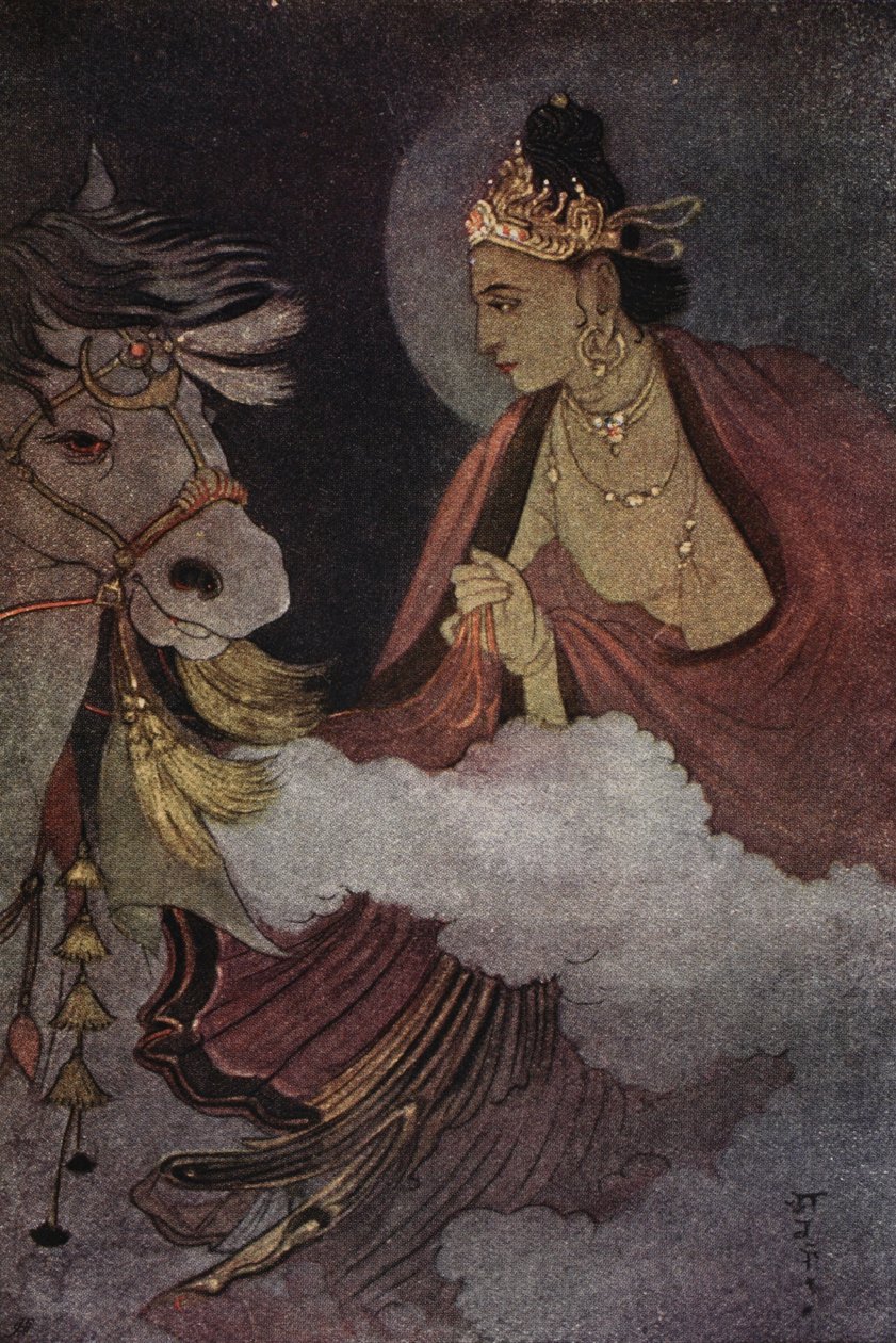 رحيل الأمير سيدهارتا ، رسم توضيحي من كتاب "أساطير الهندوس والبوذيين" للأخت نيفديتا وأناندا كوماراسوامي بواسطة اباناندراناث طاغور