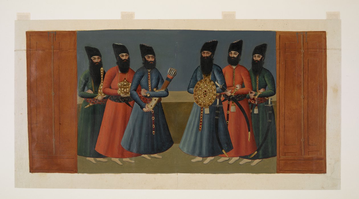 إضافة أو. 1242 تحمل "الغلام" درع الشاه والجعبة وغيرها من الأدوات الملكية ، تفاصيل من "نسخة مخفضة من جدارية قصر نيجارستان" بواسطة عبد الله (بعد) خان