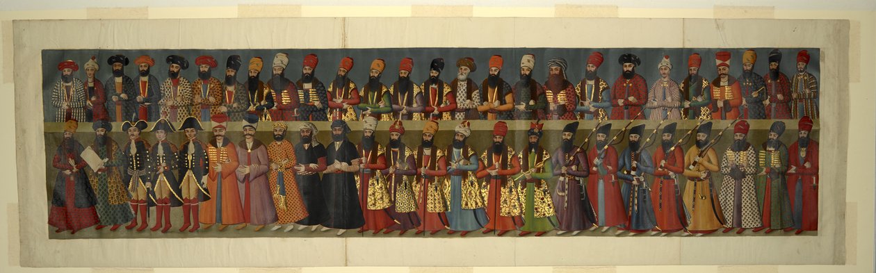 أو. 1242 نسخة من الجدارية الكبرى في قصر نيغارستان. بلاط فتح علي شاه مع المبعوثين البريطانيين السير جون مالكولم، والسير هارفورد جونز بريدجز، والسير جور أوسيلي بواسطة عبد الله (بعد) خان