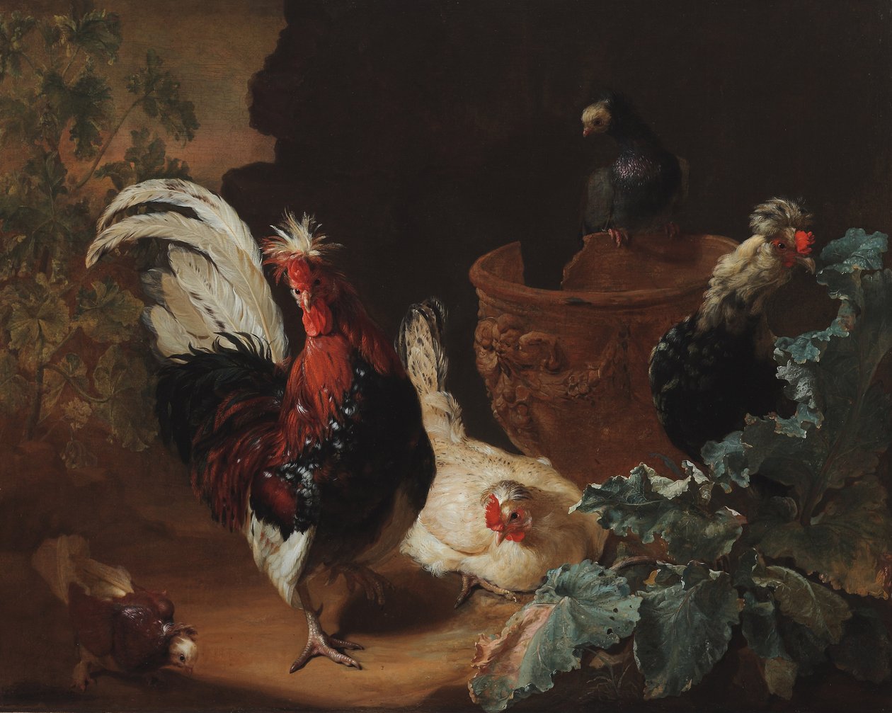 الديك ، دجاجان واثنين من الحمام من قبل زهرية تيرا كوتا المقطعة العتيقة في المناظر الطبيعية ، 1695 بواسطة إبراهيم بيشوب