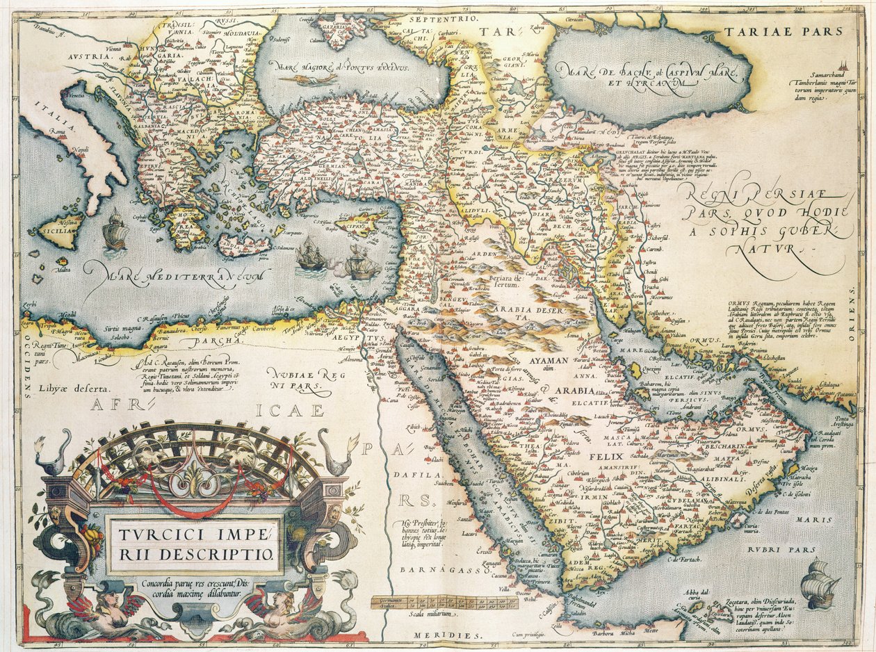 خريطة للشرق الأوسط ، من Theatrvm Orbis Terrarvm ، 1570 (نقش ملون باليد) بواسطة إبراهيم أورتيليوس