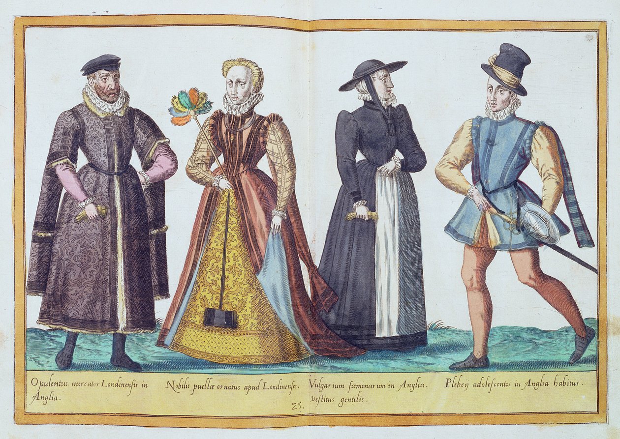 الأزياء الإنجليزية في القرن السادس عشر من "Omnium Poene Gentium Imagines" ، المنشورة في كولونيا ، 1577 (النقش اليدوي) بواسطة إبراهيم دي بروين