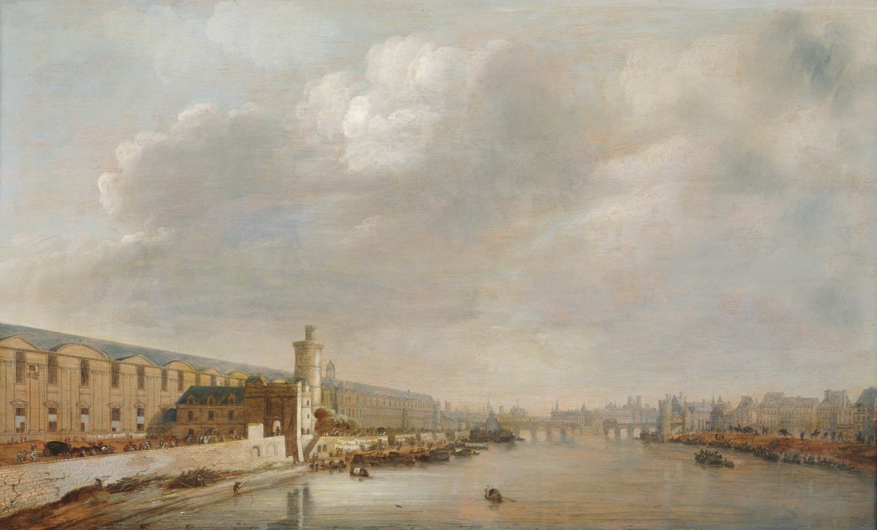متحف اللوفر غراند غاليري ، منظر لباريس من جسر باربيير (المنبع) ، c.1640 (زيت على الخشب) بواسطة إبراهيم دي فيروير