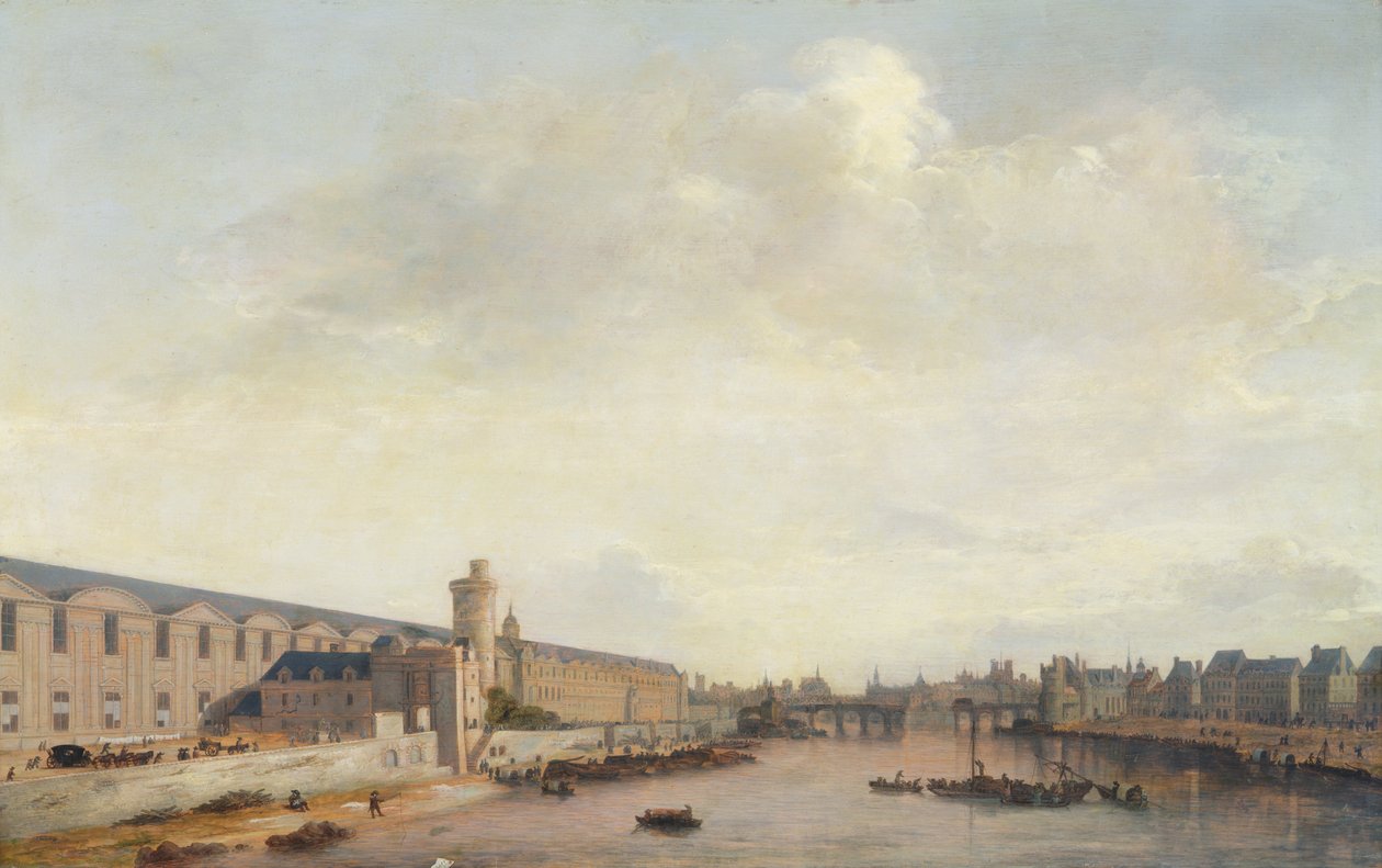 متحف اللوفر غراند غاليري ، منظر لباريس من جسر باربيير ، c.1640 (زيت على خشب) بواسطة إبراهيم دي فيروير