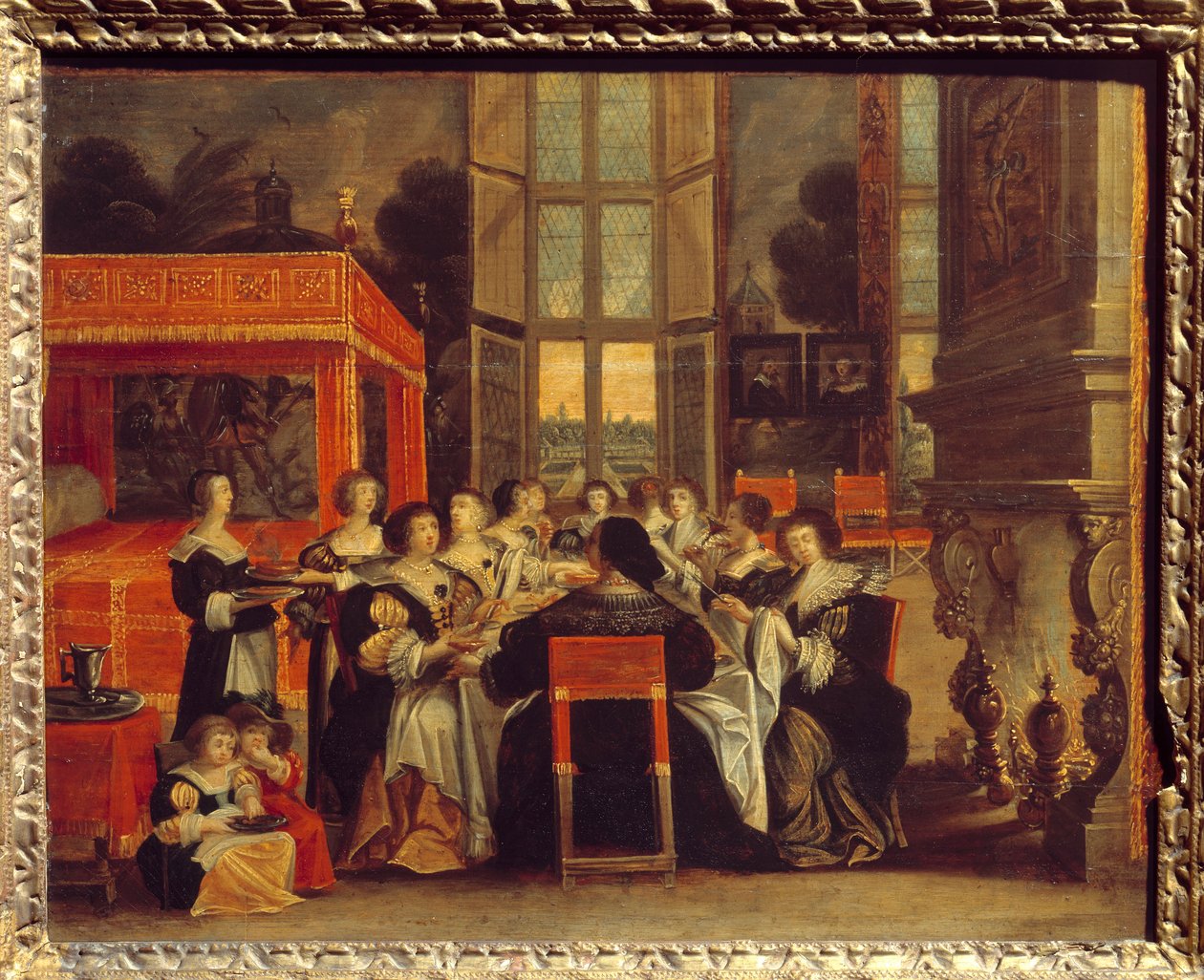 محادثة للسيدات في غياب أزواجهن: لوحة عشاء رسمها أبراهام بوس (1602-1676) إيغوين من القرن السابع عشر. متحف النهضة الوطني بواسطة إبراهيم (بعد) بوس