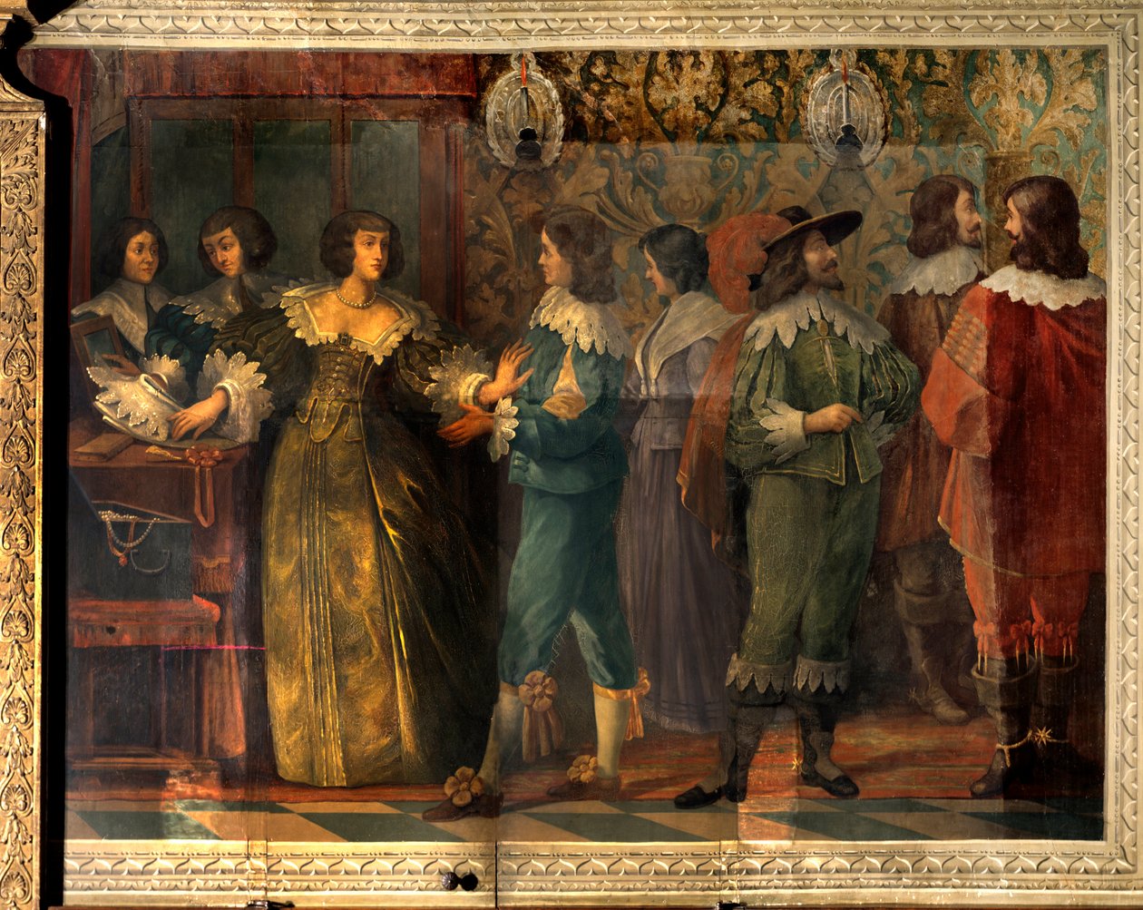 Scene of the life of Charles de Valois (1573-1650), Duke of Angouleme - Party scene given on the occasion of the marriage of Charles de Valois with his second wife in 1644 - A woman, approached by a courtisan, apprehends to put her collar - Fresco by Abrah بواسطة إبراهيم (بعد) بوس