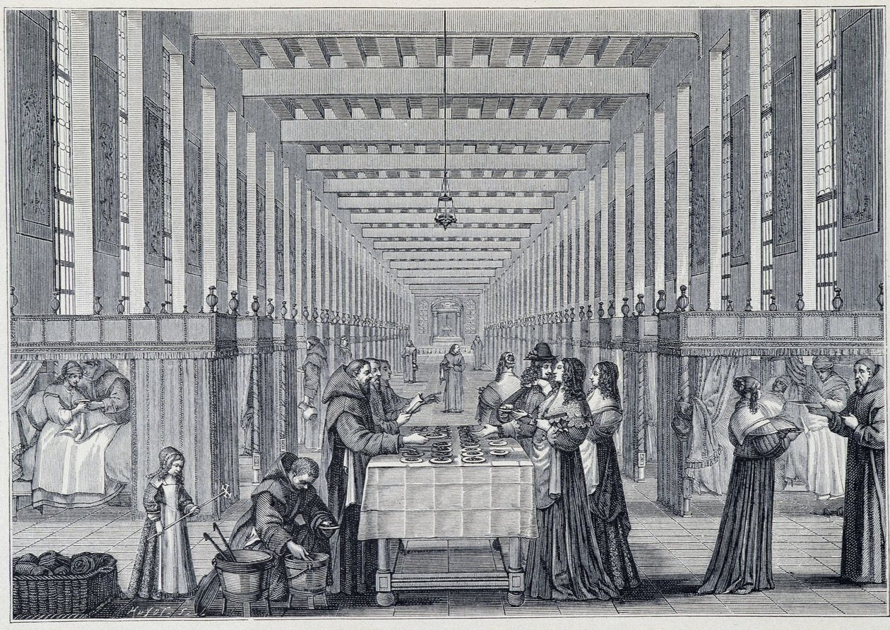 منظر داخلي لمستشفى Hôital de la Charite (يُطلق عليه أيضًا مستشفى Freres-de-Saint-Jean-de-Dieu) ، في باريس - نقش d'apres Abraham Bosse (1602-1676) - نُشر في "" القرن السابع عشر - المؤسسات: الجمارك والأزياء ، فرنسا 1590-1 بواسطة إبراهيم (بعد) بوس