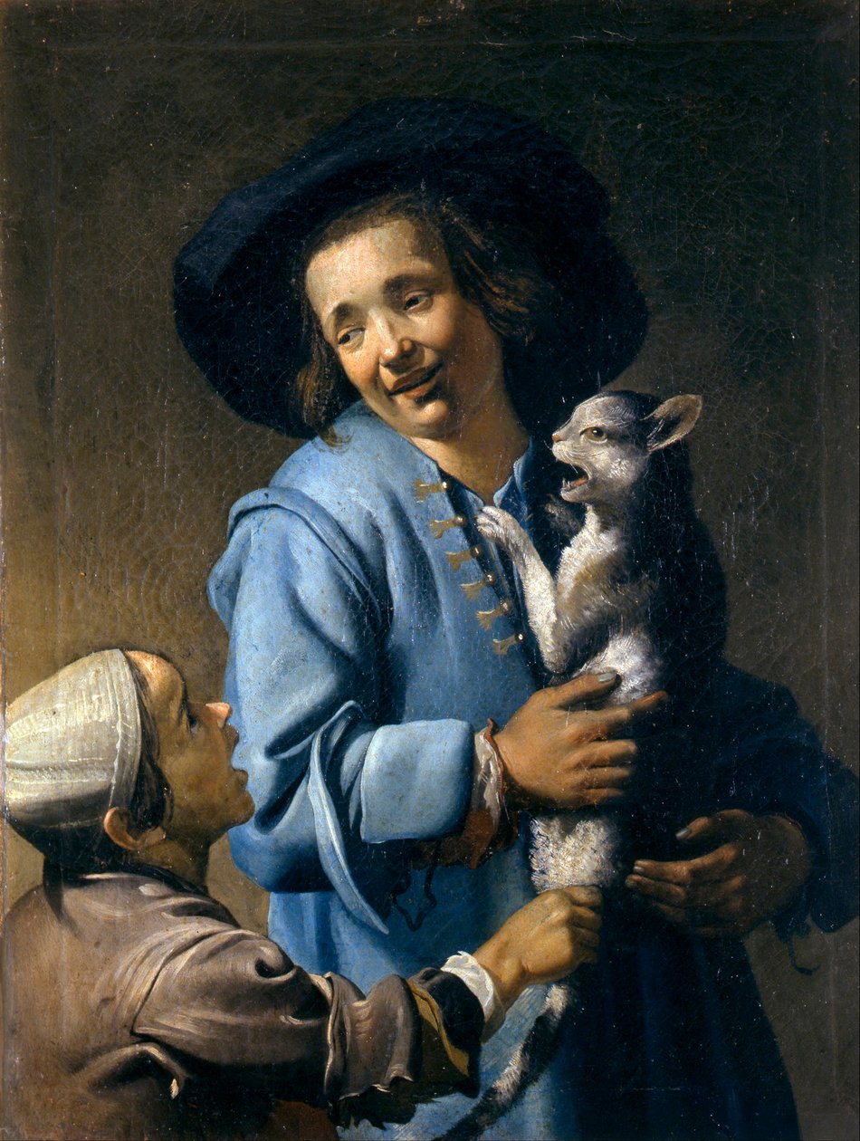 "" شباب يلعبون مع قطة "(شباب يلعبون مع القط) لوحة لأبراهام بلوميرت (1566-1651) - 1620-1625 - زيت على قماش قاتم 89 × 70 سم متحف سيفيكو ، مونتيبولتشانو بواسطة إبراهيم بلويميرت