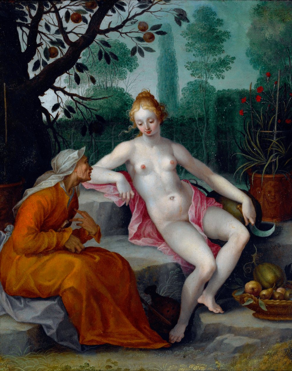 Vertumnus و Pomona (إله الفصول يتنكر في هيئة امرأة عجوز للدخول إلى بستان الحورية) - رسم أبراهام بلوميرت (1566-1651) ، زيت على النحاس ، حوالي 1605 - (Vertumnus and Pomona ، بواسطة Abraham Bloemaert ، زيت على النحاس ، c1605) بواسطة إبراهيم بلويميرت