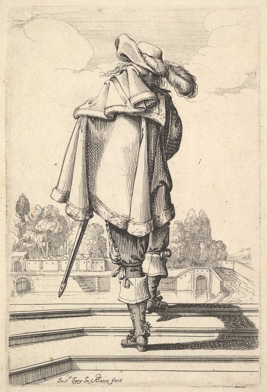 رجل ينظر من الخلف ، يصعد حاجزًا ، بغطاء فوق كتفه الأيسر ... ، 1629. بواسطة إبراهيم بوس