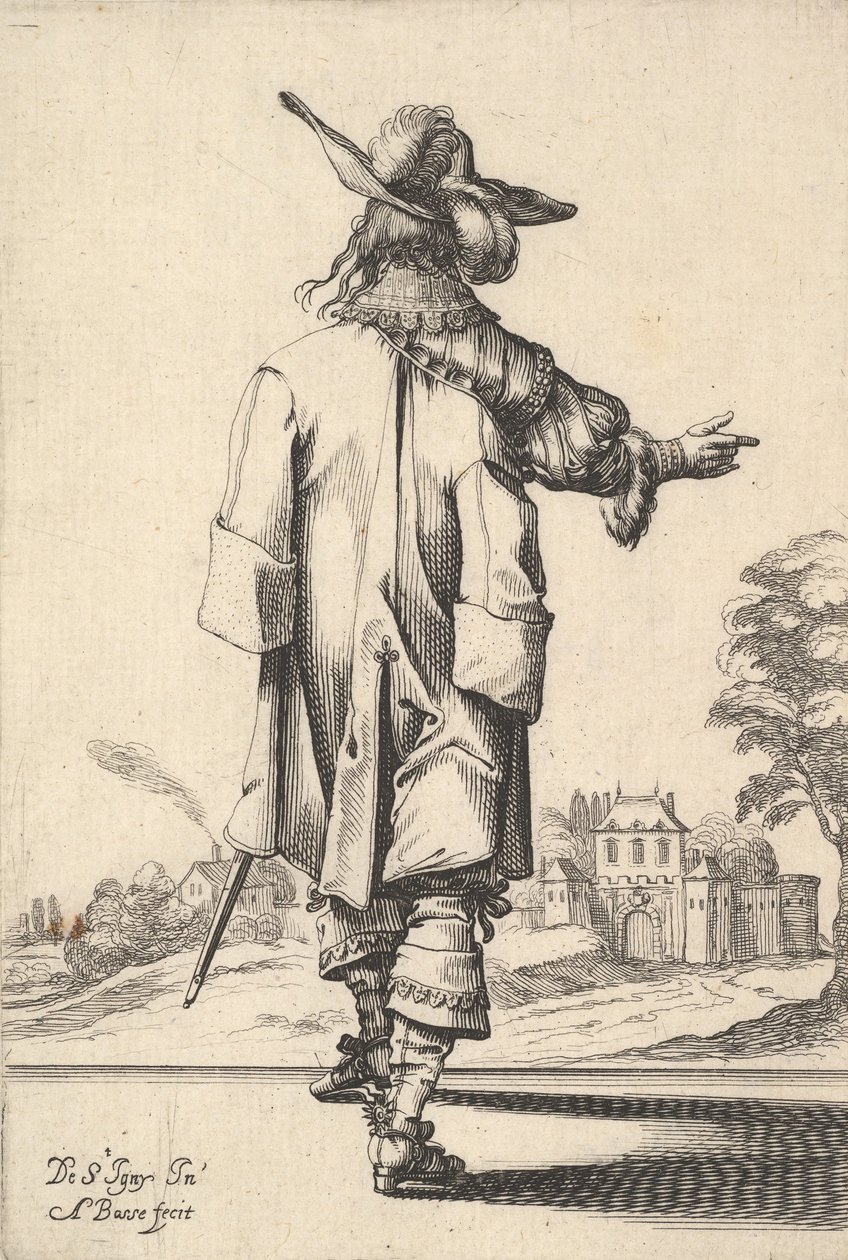 رجل نبيل ، ينظر إليه من الخلف وذراعه اليمنى ممدودة وعباءة على يساره ... ، 1629. بواسطة إبراهيم بوس