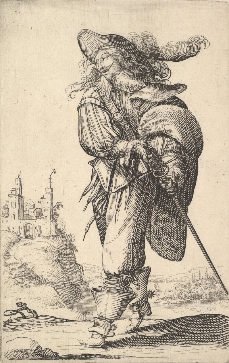 رجل ، يمشي نحو اليسار ويسحب سيفه من الغمد ، مرتديًا ربطة عنق ... ، 1629. بواسطة إبراهيم بوس