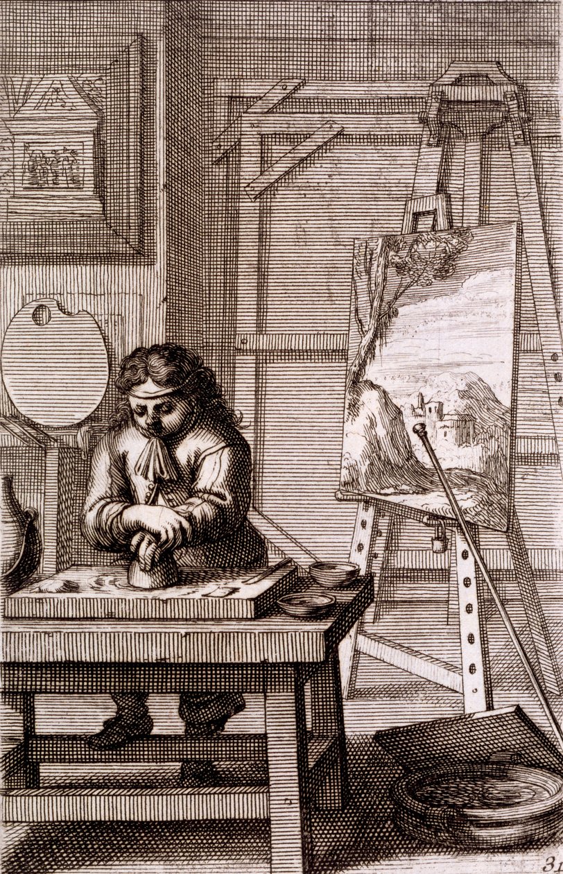 مبتدئ فنان ينظف لوحة نقش ، من "Recueil de Figures ..." ، 1737 بواسطة إبراهيم بوس