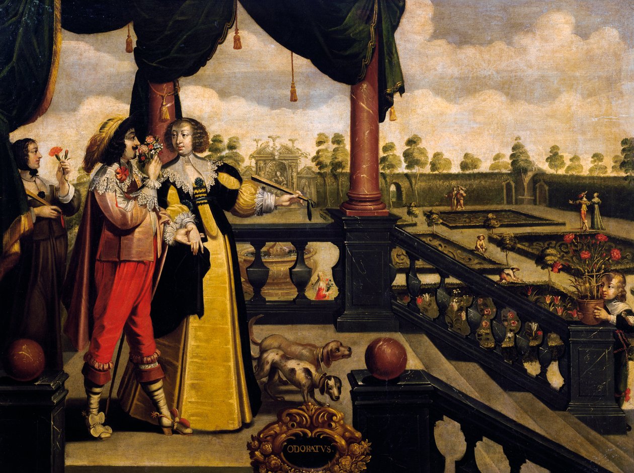Sense of smell, ca 1635, by Abraham Bosse (1604-1676), after painting from series of 5 by unknown artist, France بواسطة إبراهيم بوس
