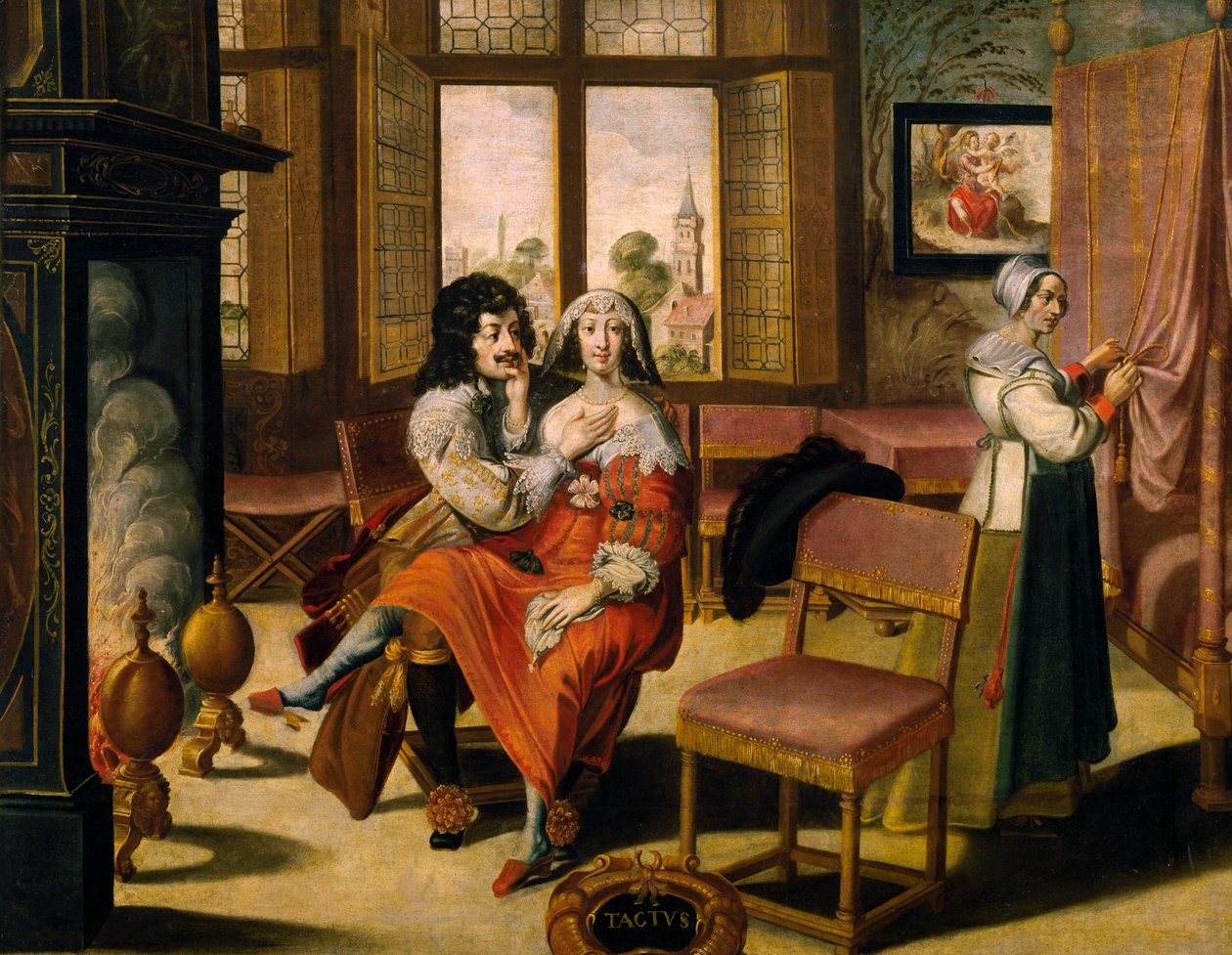 Sense of touch, ca 1635, by Abraham Bosse (1604-1676), after painting from series of 5 by unknown artist, France بواسطة إبراهيم بوس