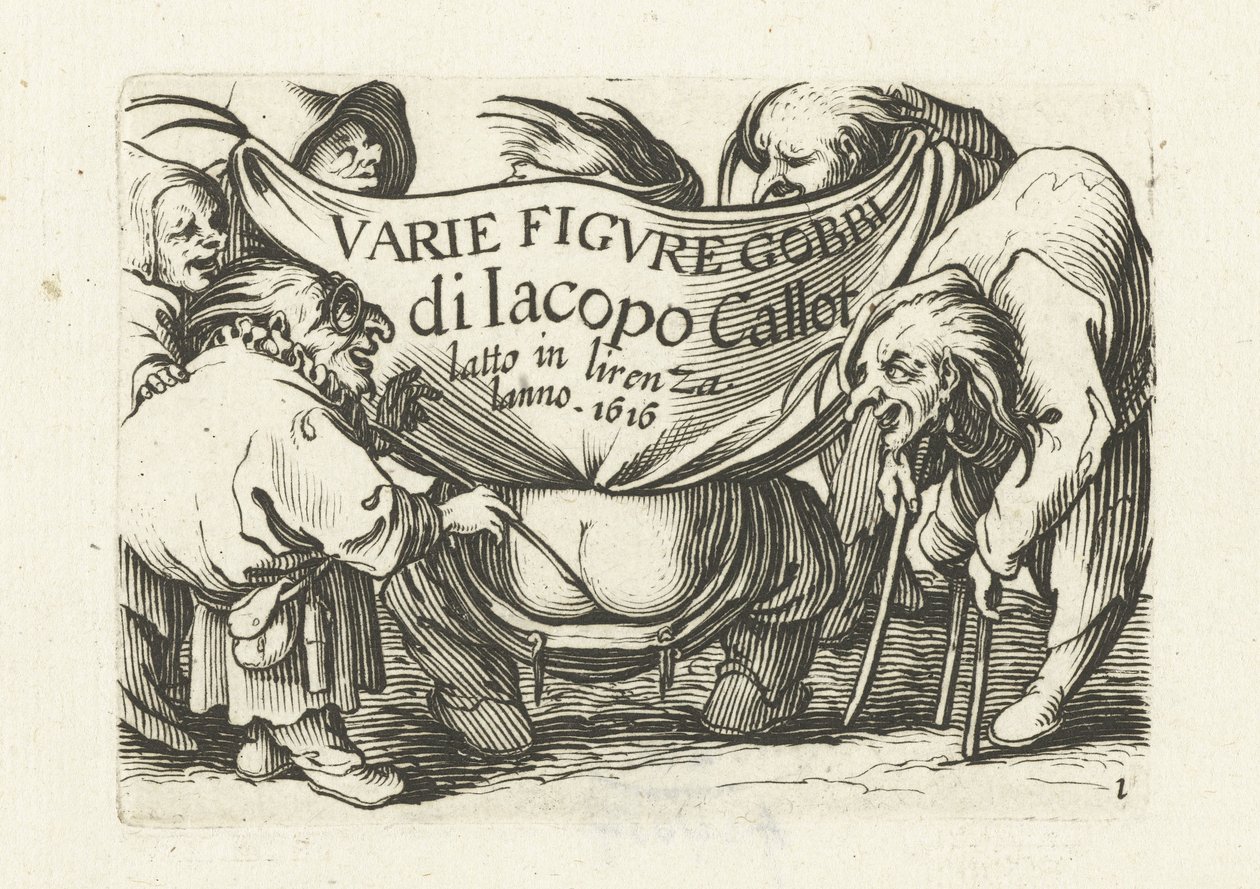 صفحة عنوان لسلسلة مطبوعة "أقزام مختلفة" / "Varie figure gobbi di Jacopo Callot" Varie Figure Gobbi di Jacopo Callot (عنوان المسلسل على الكائن) شخصيات بشعة مختلفة (عنوان المسلسل) الأقزام والحدب (عنوان المسلسل) بواسطة إبراهيم بوس