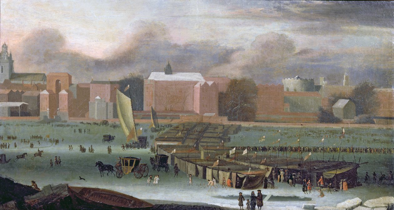 معرض الصقيع على نهر التايمز في معبد الدرج ، c.1684 بواسطة أبراهام دانيلز. هونديوس