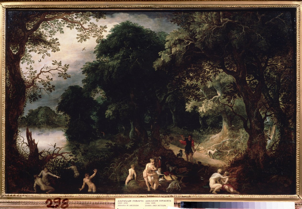 "" Diane et Acteon "(Diana and Actaeon) فاجأت Diane في الحمام بواسطة الصياد Acteon. لوحة أبراهام جوفارتس (1589-1626) حوالي 1620 متحف بوشكين في موسكو بواسطة إبراهيم جوفيرتس