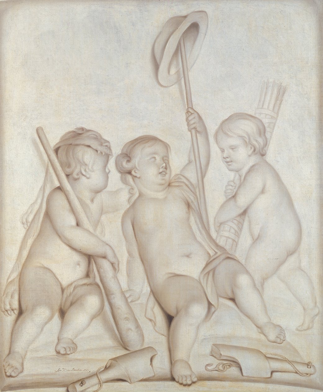 الثلاثة الكروب (grisaille) ، بوتي مع سمات هرقل وعطارد ، 1767 بواسطة أبراهام هندريك فان بيستن