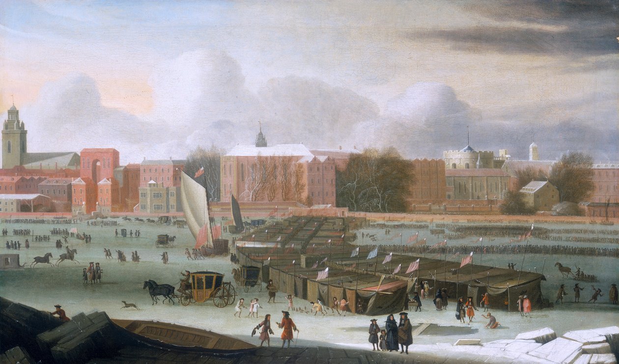 "A Frost Fair on the Thames at Temple Stairs" ، c1684. بواسطة ابراهام هونديوس