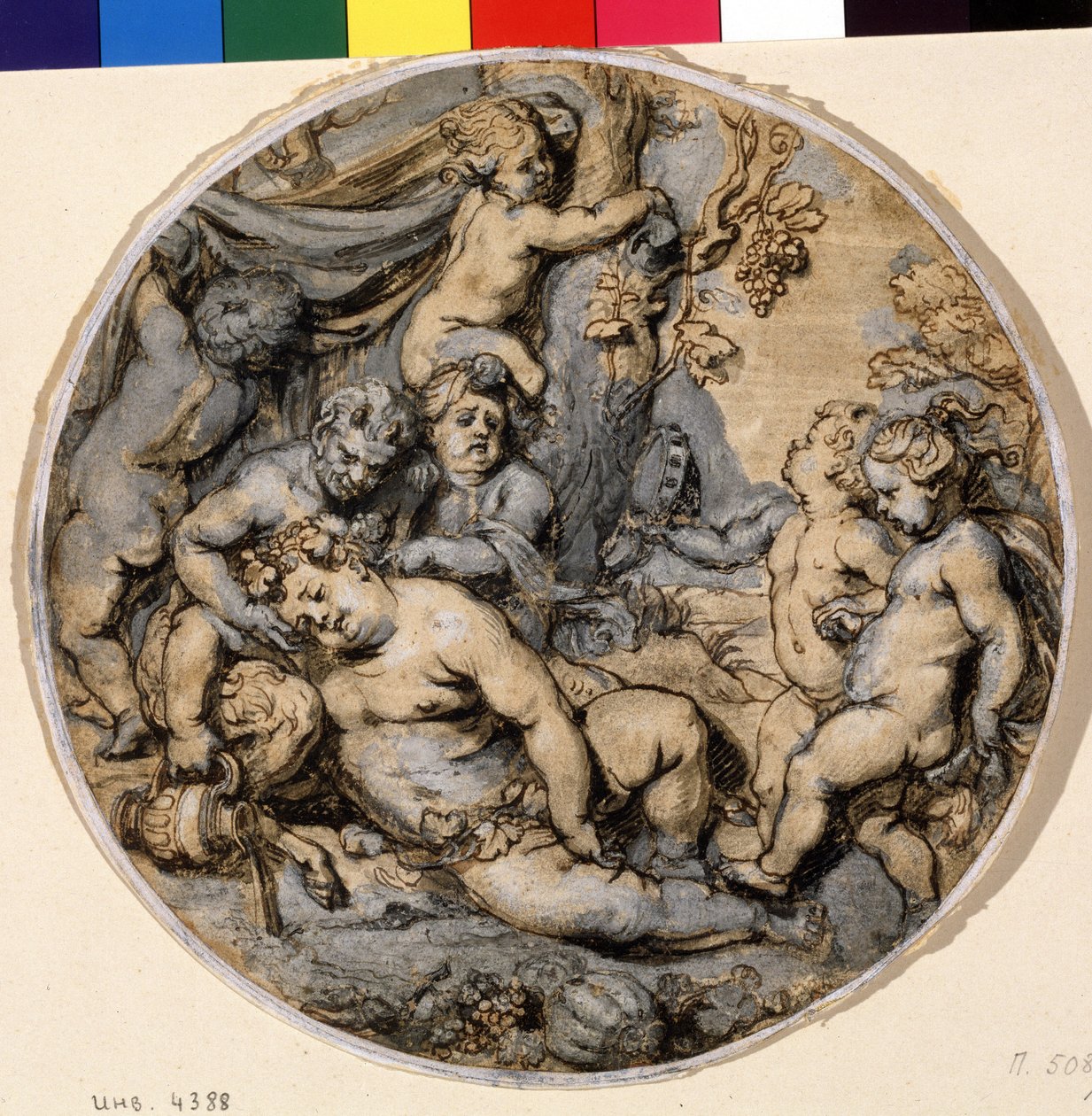 "Bacchus endormi" (Sleeping Bacchus) محاط بـ putti ، ساتير رسم بالحبر رسمه أبراهام يانز فان ديبنبيك (1596-1675) متحف بوشكين في القرن السابع عشر ، موسكو بواسطة إبراهيم جانز. فان ديبينبيك