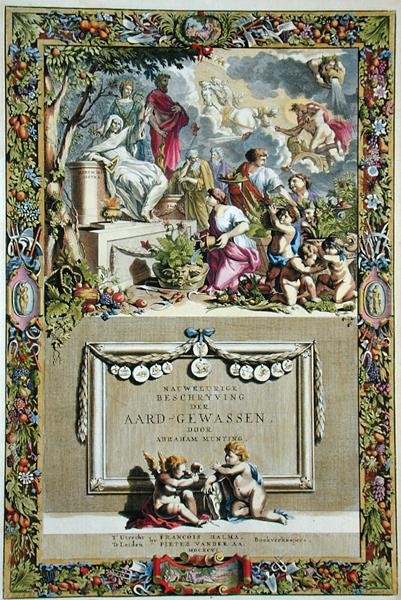 صفحة العنوان من "الوصف الدقيق للمحاصيل" بقلم أبراهام مونتنج (1626-1683) ، نُشر عام 1666 (نقش ملون) بواسطة ابراهيم مونتنج
