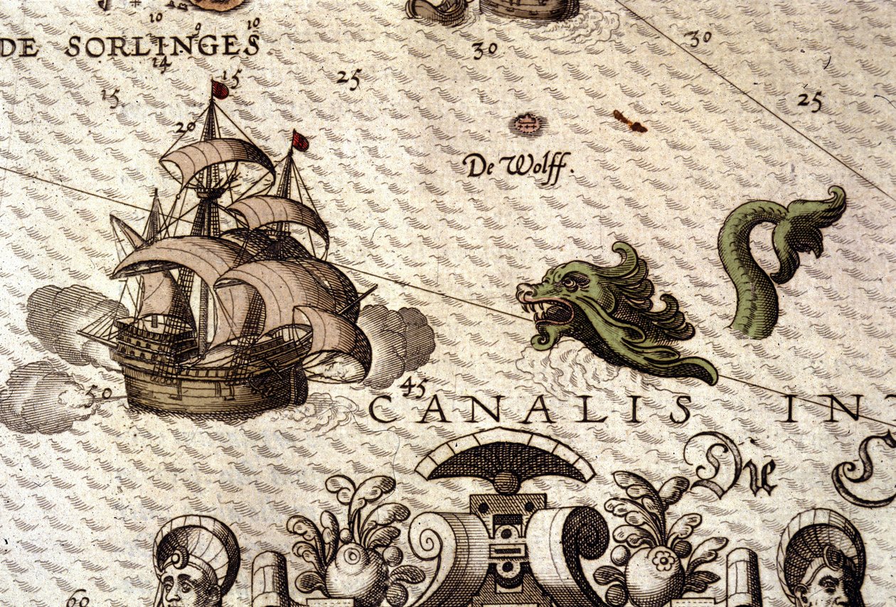 وحش بحري يهاجم جاليون (كارافيل). تفاصيل خريطة في "Theatrum Orbis Terrarum" بقلم أبراهام أورتيليوس ، أنتويرب 1584. بواسطة إبراهيم أورتيليوس